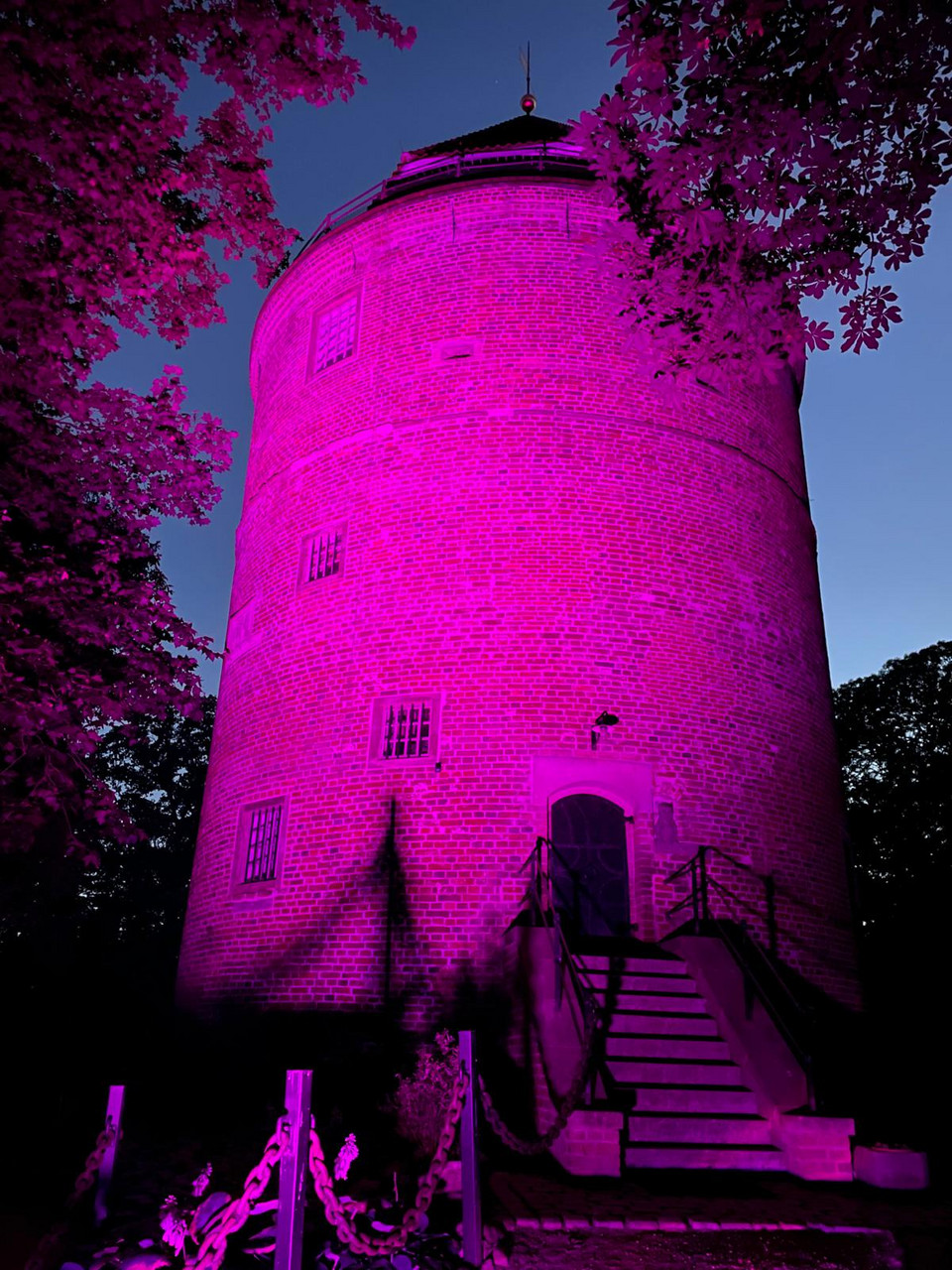 Bild vom Burgturm Stickhaus erleuchten in pinken Farben