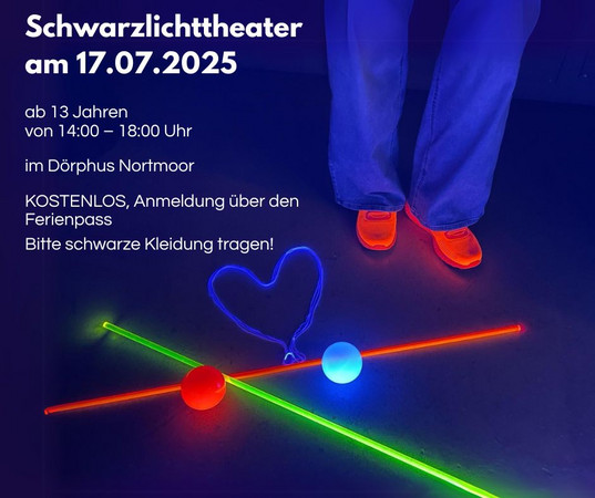 Banner zur Ferienpass-Aktion "Schwarzlichtheater für Teens" (alle Infos untenstehend im Text)