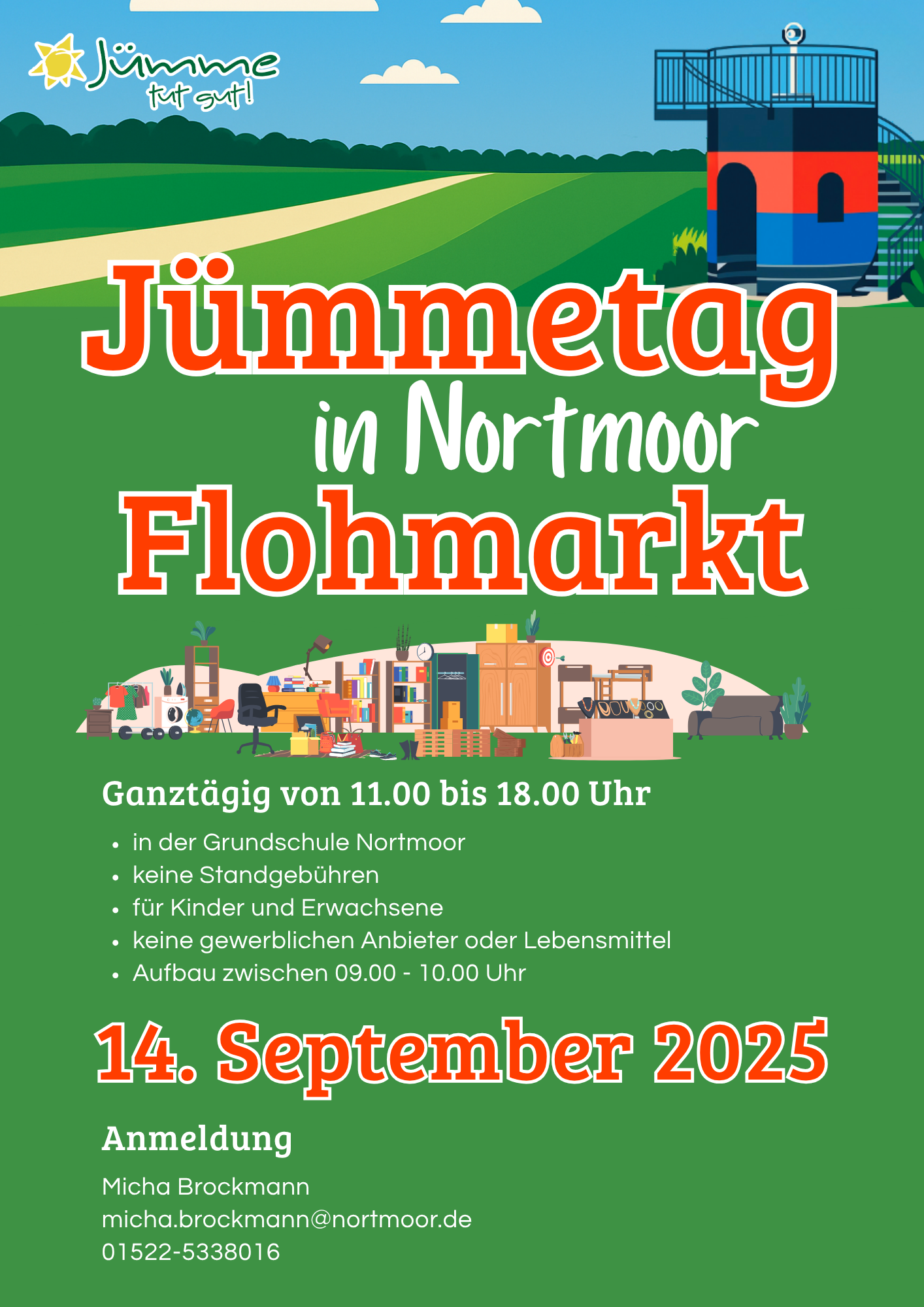 Plakat Flohmarkt auf dem Jümmetag. Alle Infos stehen im Text unten. 
